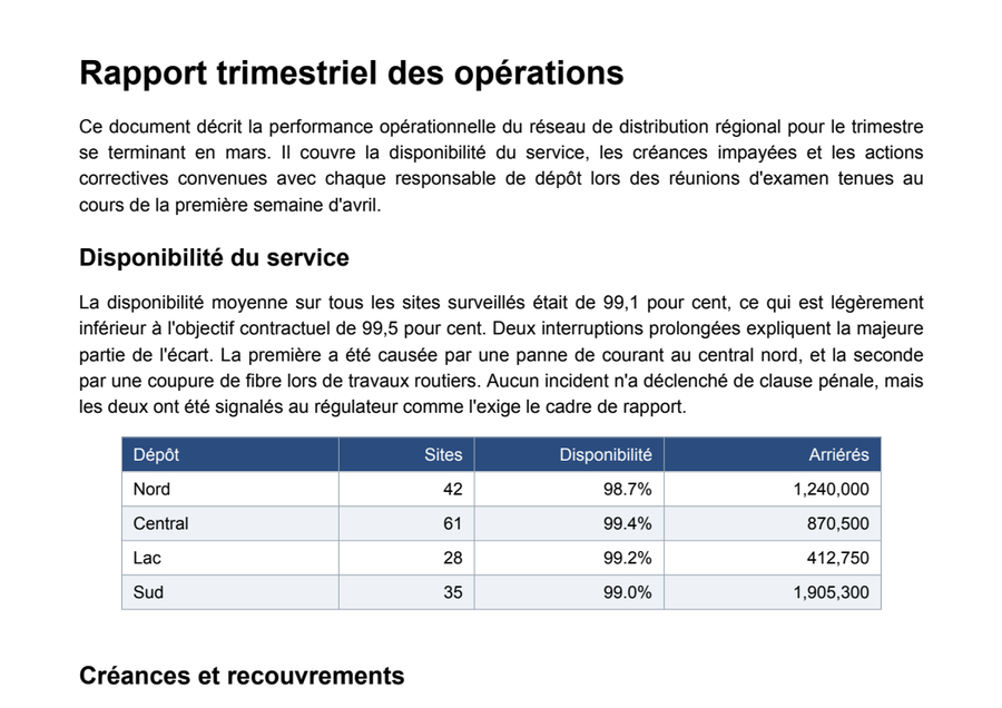 The same report translated, with the heading, paragraphs and table in identical positions