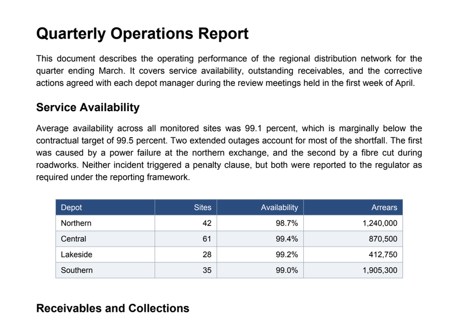 A business report in English, showing a heading, justified paragraphs and a data table